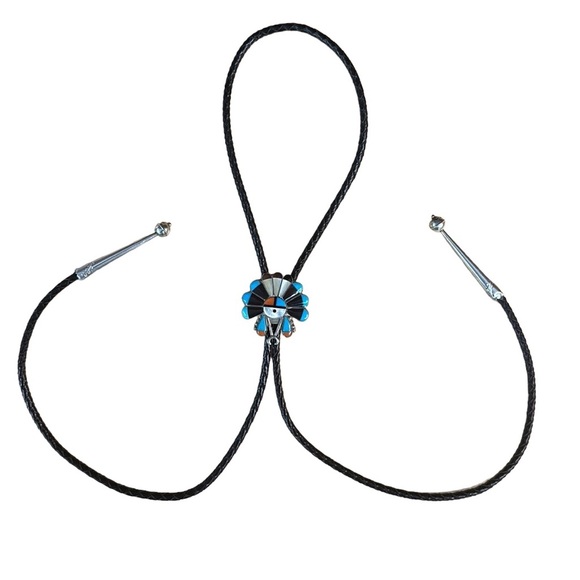 Vintage Bennett ZUNI Native American Headdress Sterling Turquoise Bolo Tie 37" - Picture 5 of 9